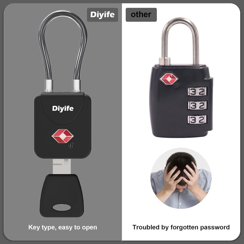 Diyife أقفال الأمتعة مع مفتاح، [عبوة 2] أقفال أمتعة معتمدة من TSA، أقفال حقائب، قفل سفر صغير مع كابل فولاذي من سبائك الزنك مثالي للحقائب، الحقائب، صندوق الأدوات، الحقيبة (أسود) - Image 5